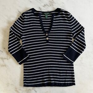 Lauren Ralph Lauren Petite Striped Knit Top 3/4 Sleeve Button Accent‎